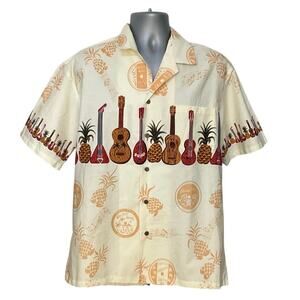 Vintage Hawaiian Shirt Ukulele Pineapple Print Made in Hawaii Cotton Mens L
